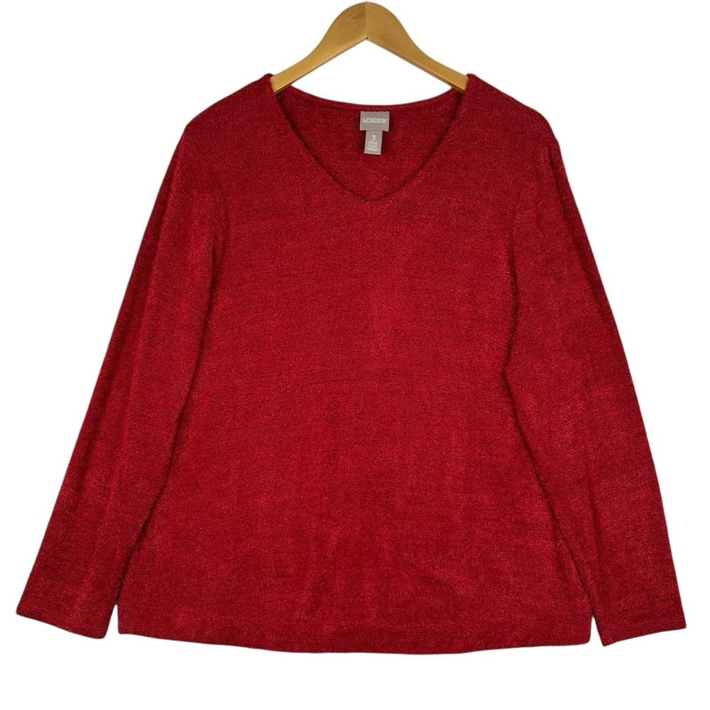 Chico's Sweater Womens Size 3 XL Red Eyelash Knit V Neck Soft Cozy Pullover